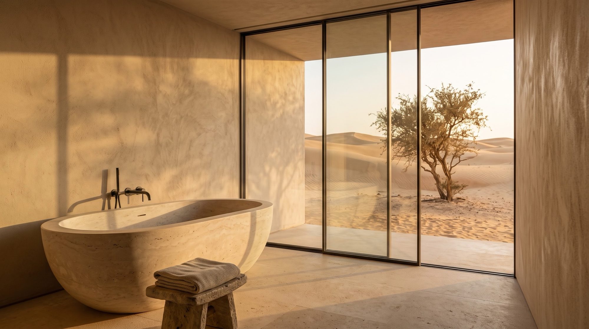 A stone bathtub before a window on the desert