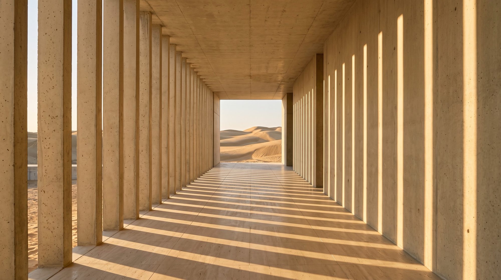 A colonnade drawing bands of light toward the dunes