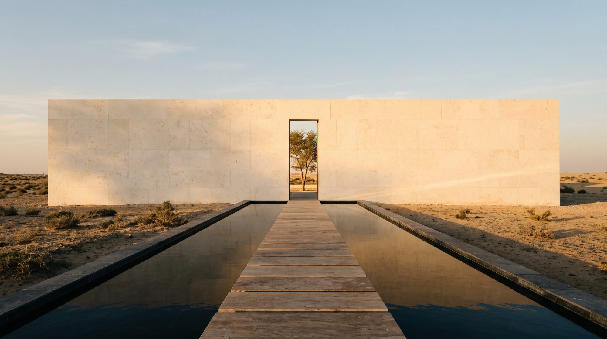 A stone wall and its opening at the end of a still pool