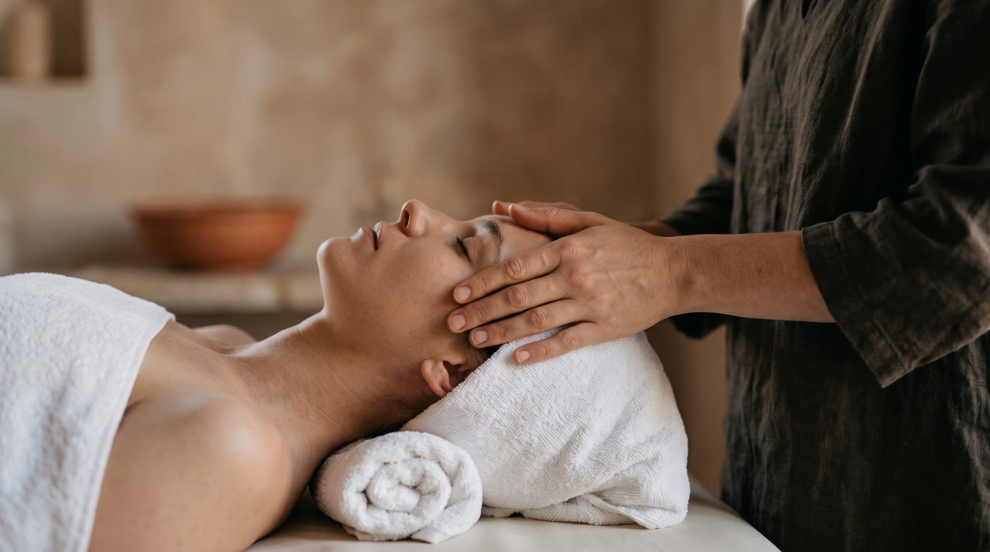 A face treatment, hands resting on the temples