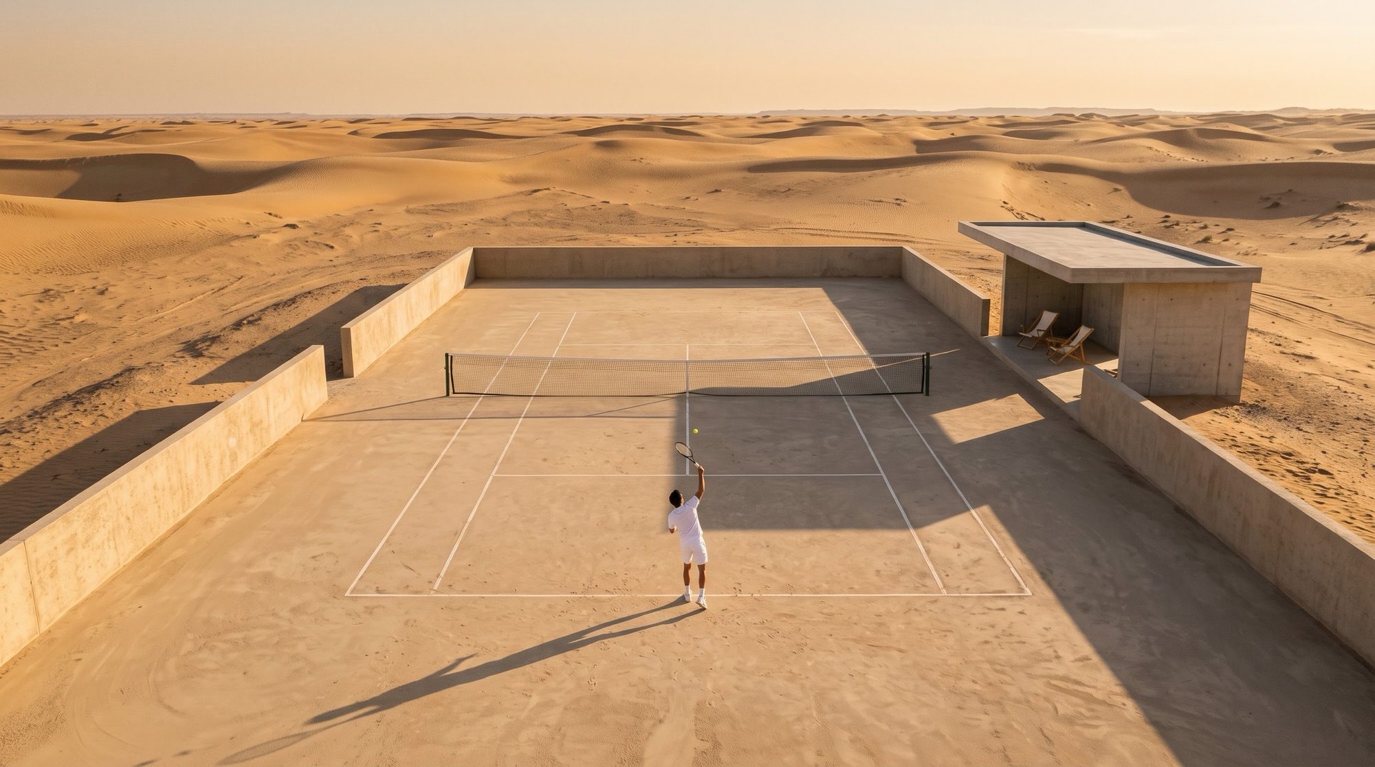 A tennis court walled in the dunes