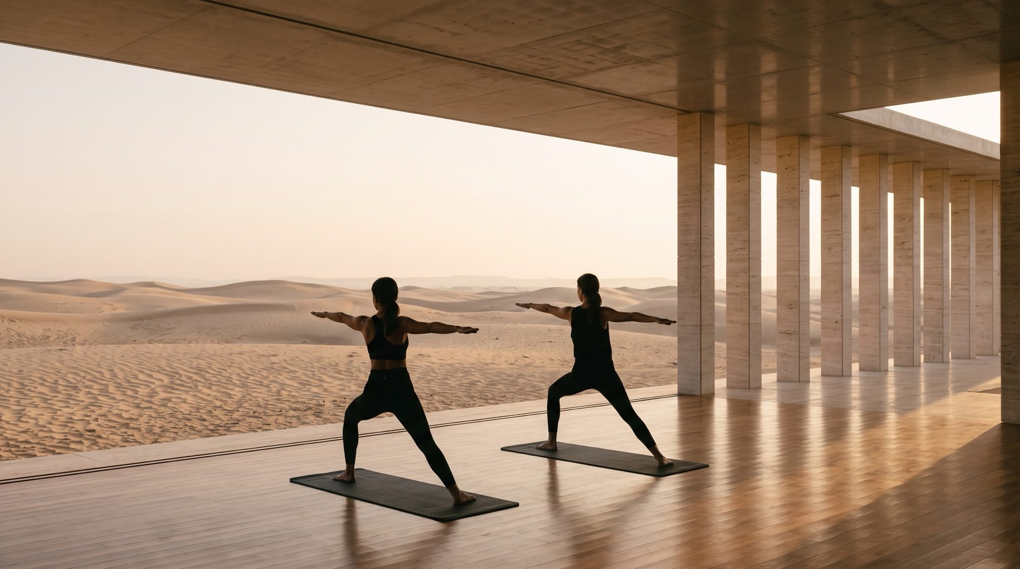 Yoga under a colonnade facing the dunes