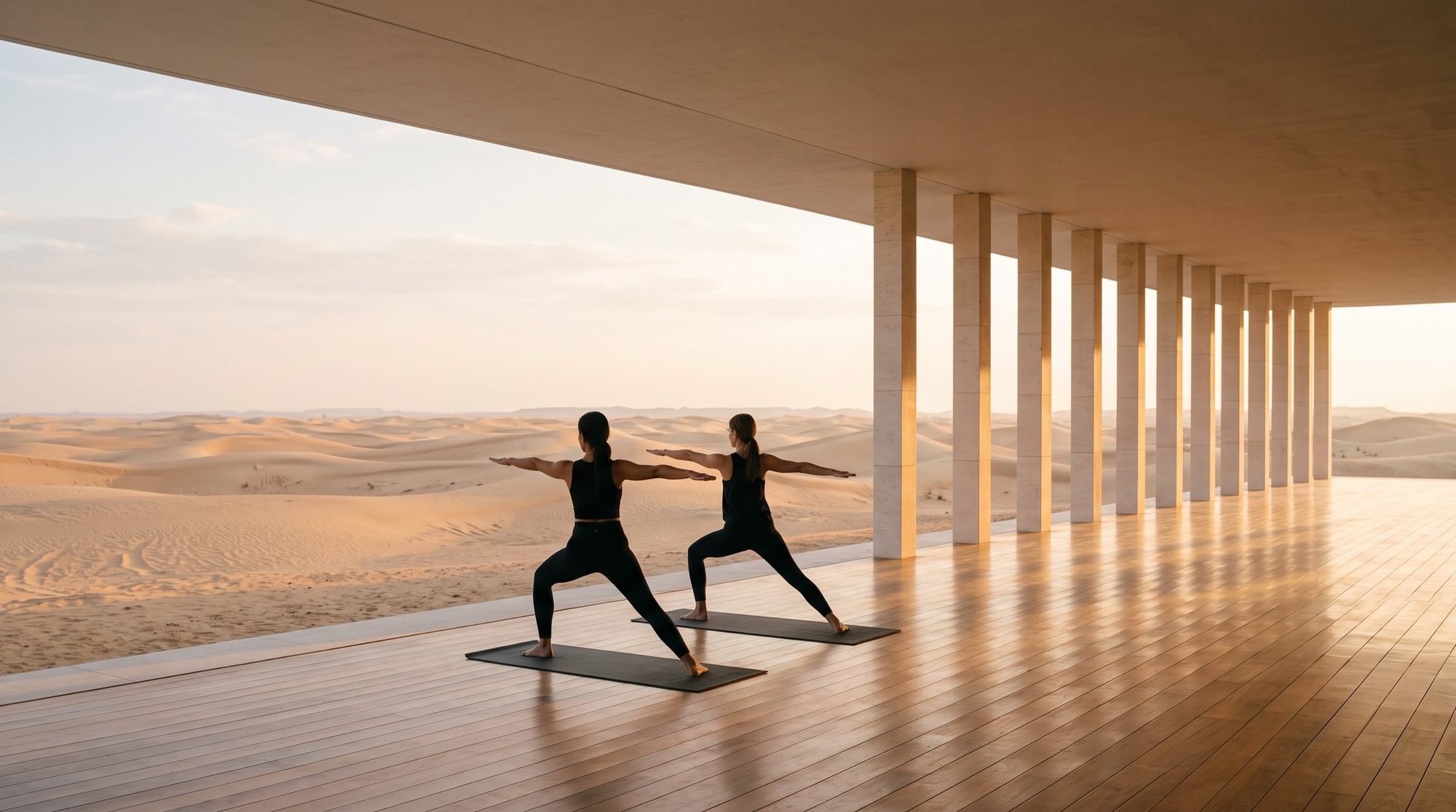 Yoga under a colonnade facing the dunes