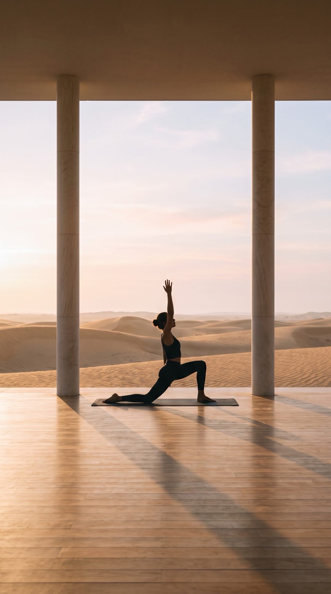 Yoga at dawn between two columns facing the dunes