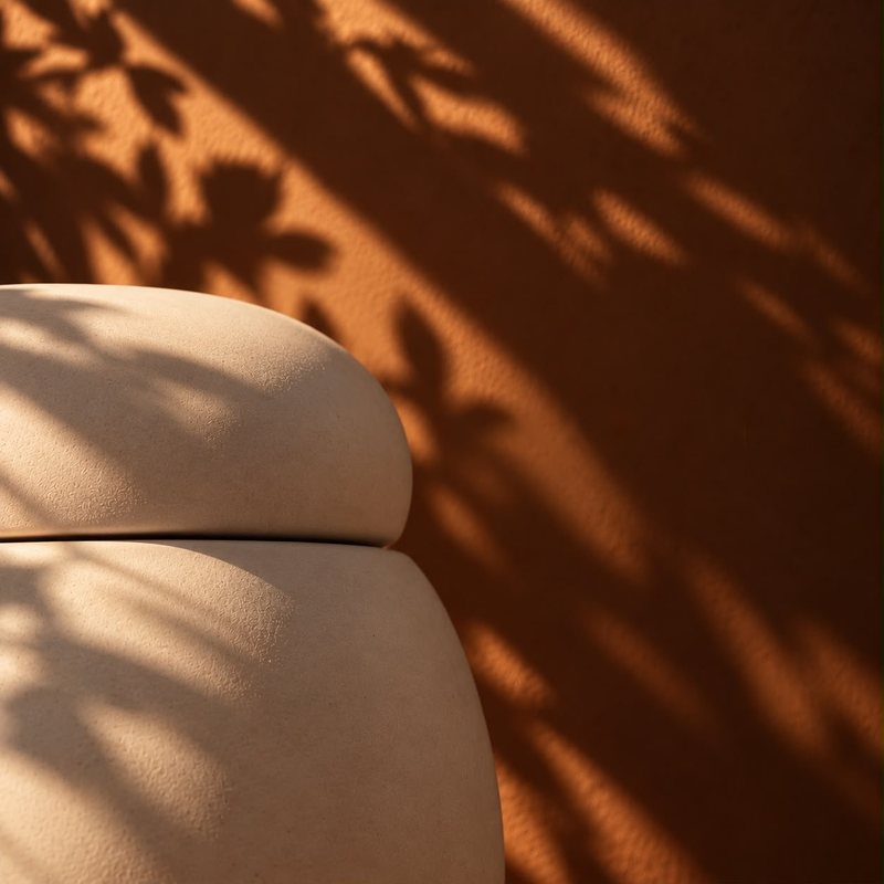 The ceramic jar of Nabseed sidr honey, leaf shadows on a warm wall
